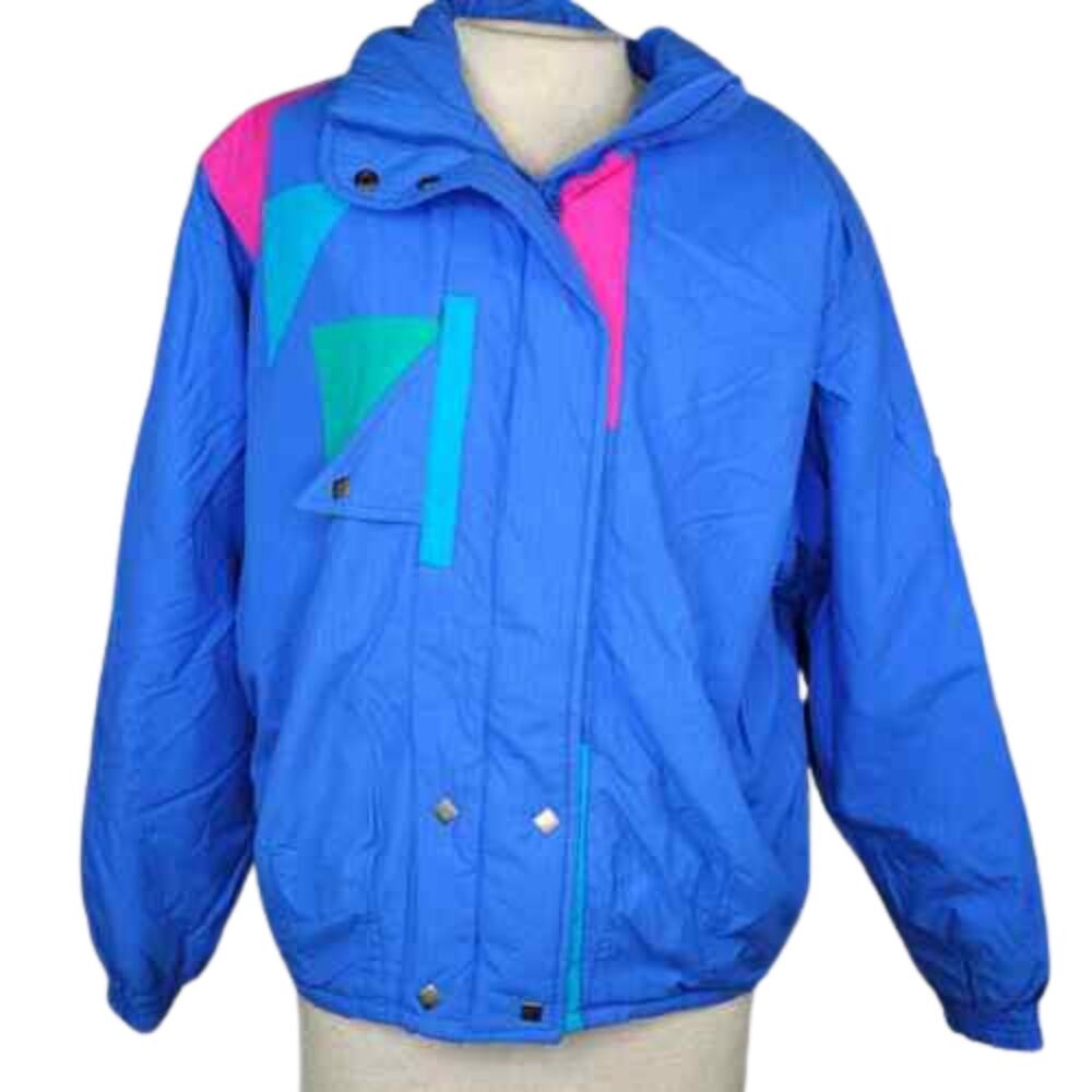 Vintage Obermeyer 80s Winter Coat Jacket Blue Neon Style Dazzler Size Med